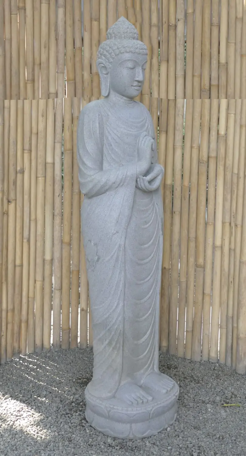  Product image 5 of the product “Standing Buddha made of Riverstone in Dharmachakra position - gesture of wheel of the teaching of Dharma. About 182cm height. ”